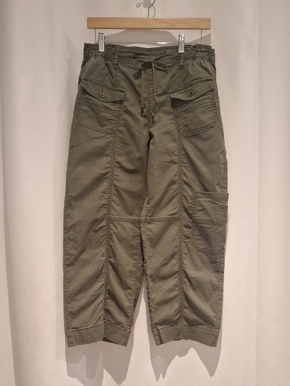 Pilcro Women's Olive Green Cargo Barrel Leg Pants with Drawstring Waist Pull On
